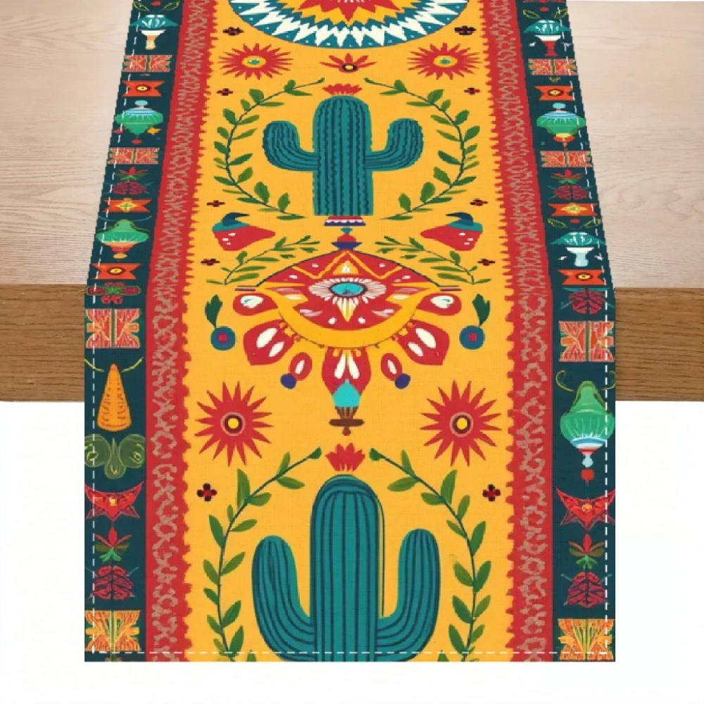1pc Festive Table Runner, Rectangular Woven Cactus and Floral Design, Perfect for Mexican Party Kitchen and Coffee Table Decor