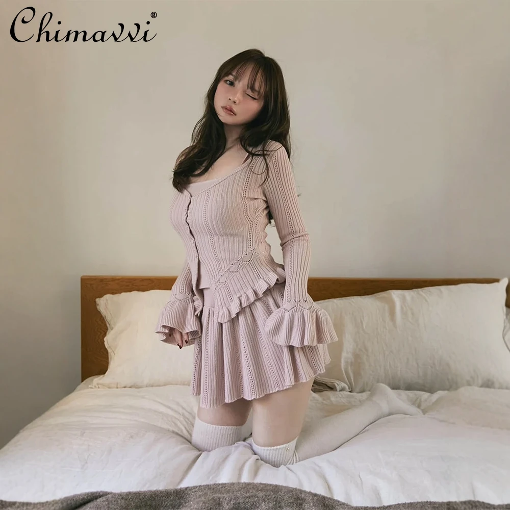 اليابانية الرغبة النقية على شكل قلب الجوف الجاكار محبوك ثلاث قطع مجموعة الحلو فتاة بروتيل بأكمام طويلة سترة تنورة قصيرة