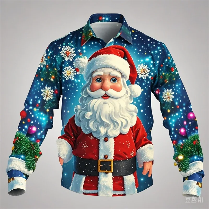 3D Print Santa Claus Graphic Shirts Merry Christmas Long Sleeve Shirts For Men Casual Oversized Button Up Shirts Blouse Clothes