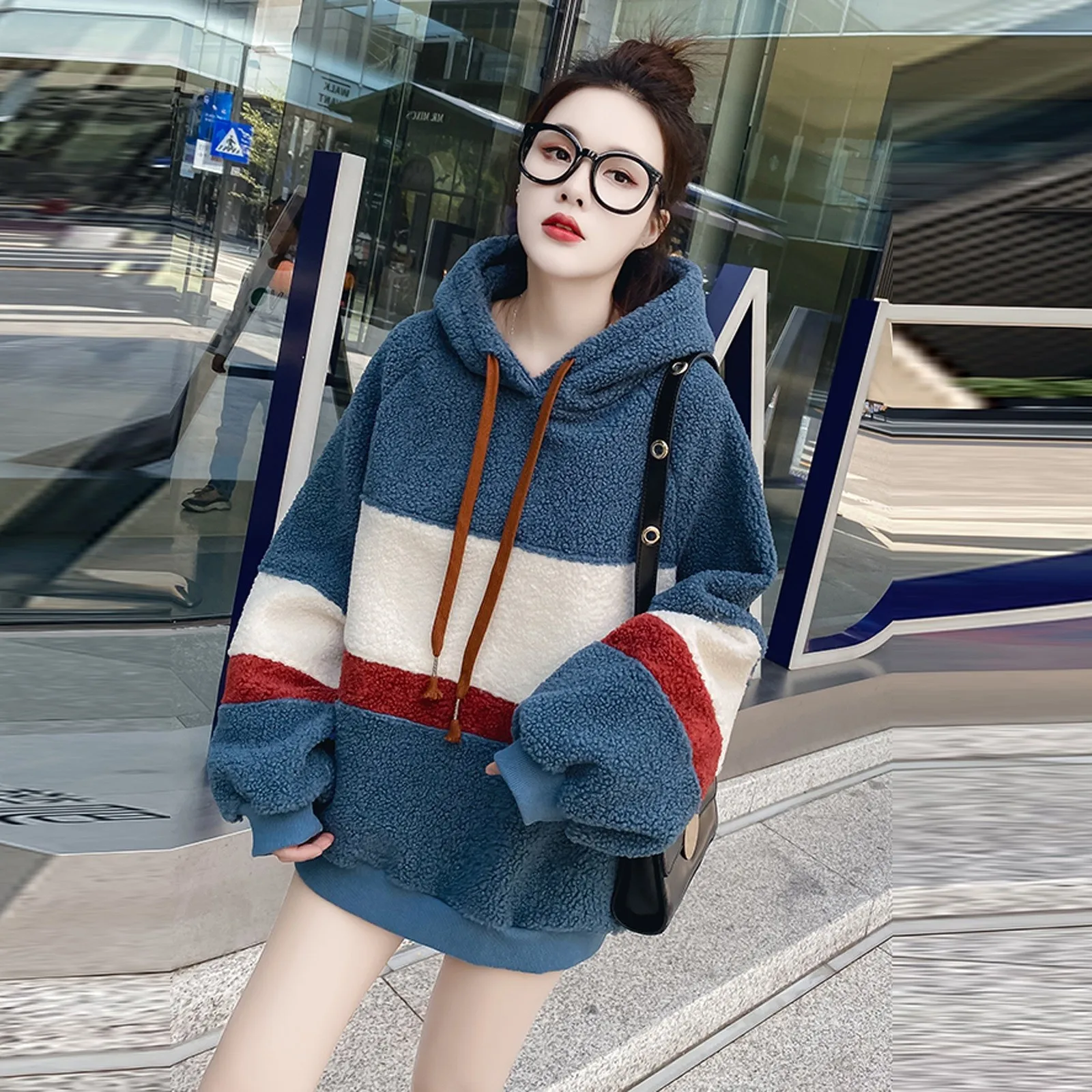 Autumn and Winter Fashion Stripe Print Hoodies For Women Sweater Top Loose Sweatshirt Blouse