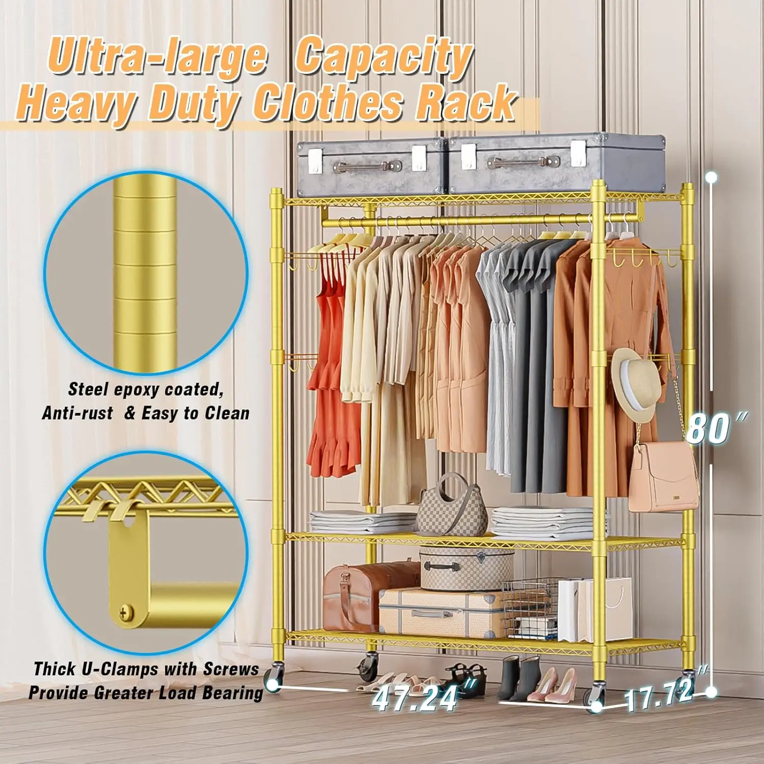 Homdox Rolling Garment Rack With Adjustable Wire Storage Racks, Heavy Duty Portable Closet For Hanging Clothes, Freestanding