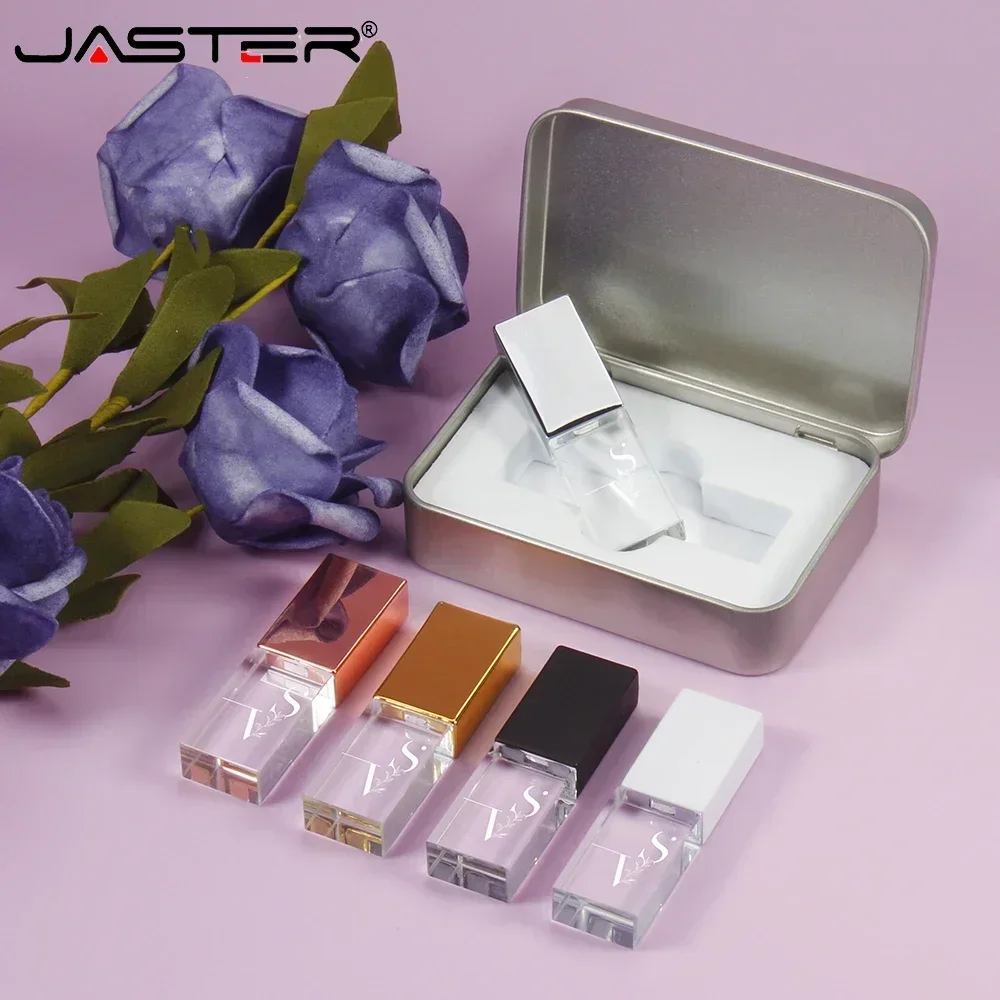 LED Crystal USB Flash Drive 128GB Free Customized Logo Pen Drive Crystal Memory Stick Metal Box External Storage Creative Gift U