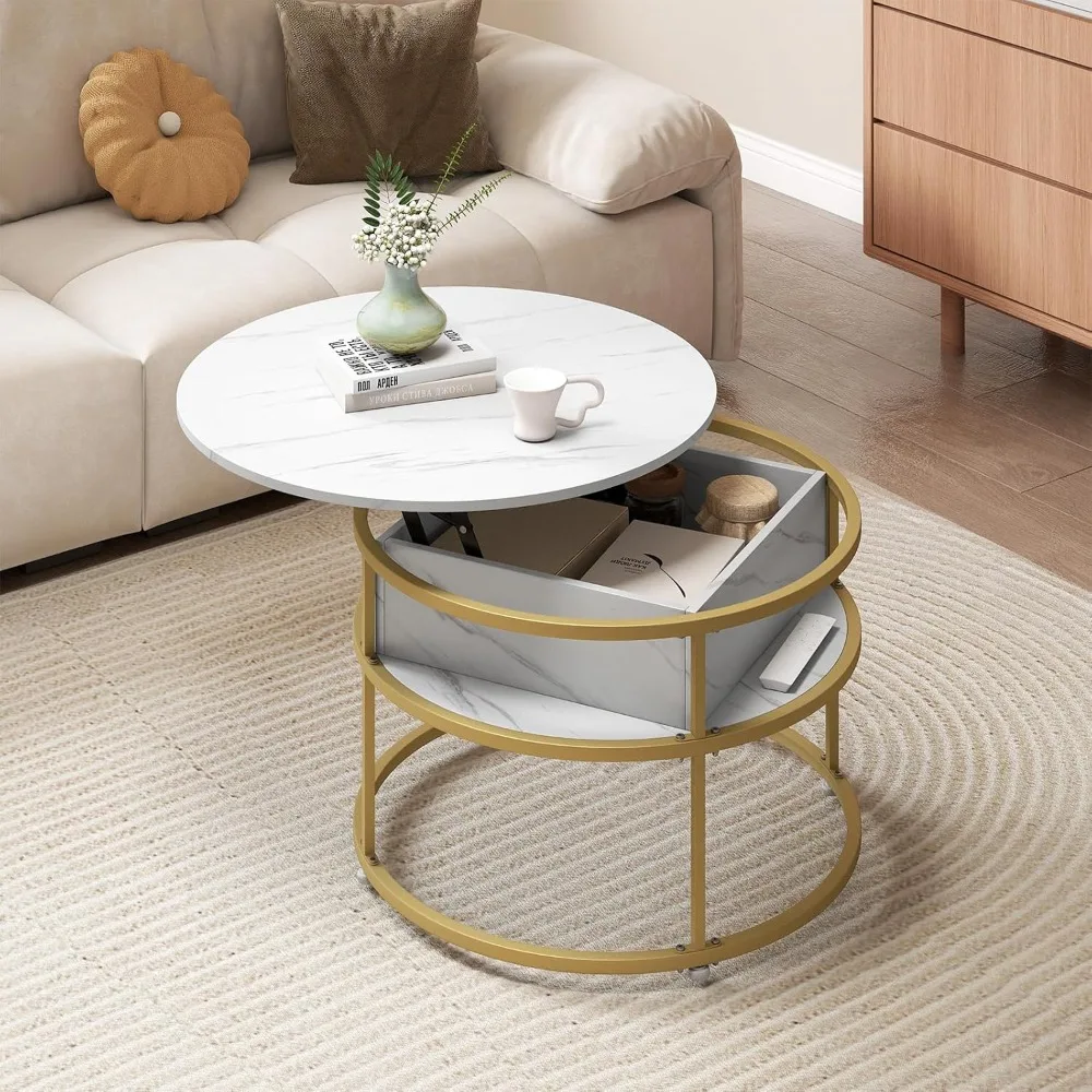 

Lift Top Coffee Table, 31.5" Round Center Table with Hidden Compartment & Side Shelves, 2-Tier Accent Cocktail Table