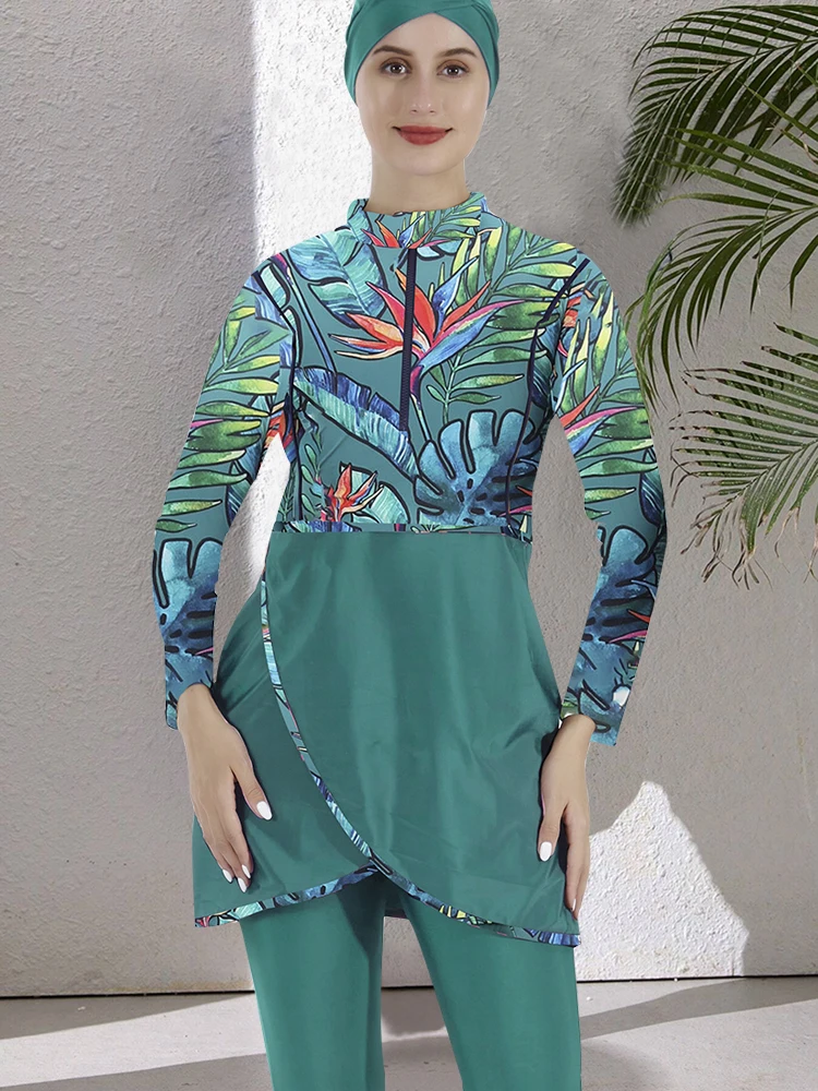 

3PCS/Set Modest Burkini Femmes Beach Swimwears Women Floral Swimming Suit Swimwear Hijab Top Pants ​