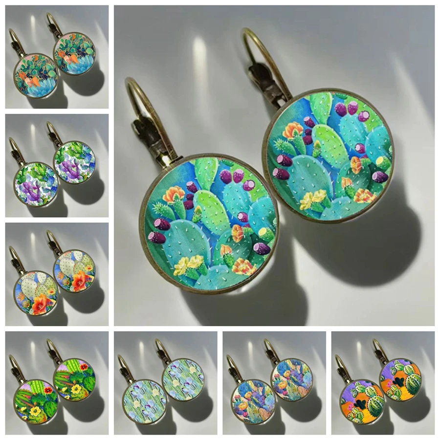 Colored Cactus Women's Earrings Painted Cactus Glass Cabochon Earrings Symbolize Stubborn Vitality Special Jewelry Gifts