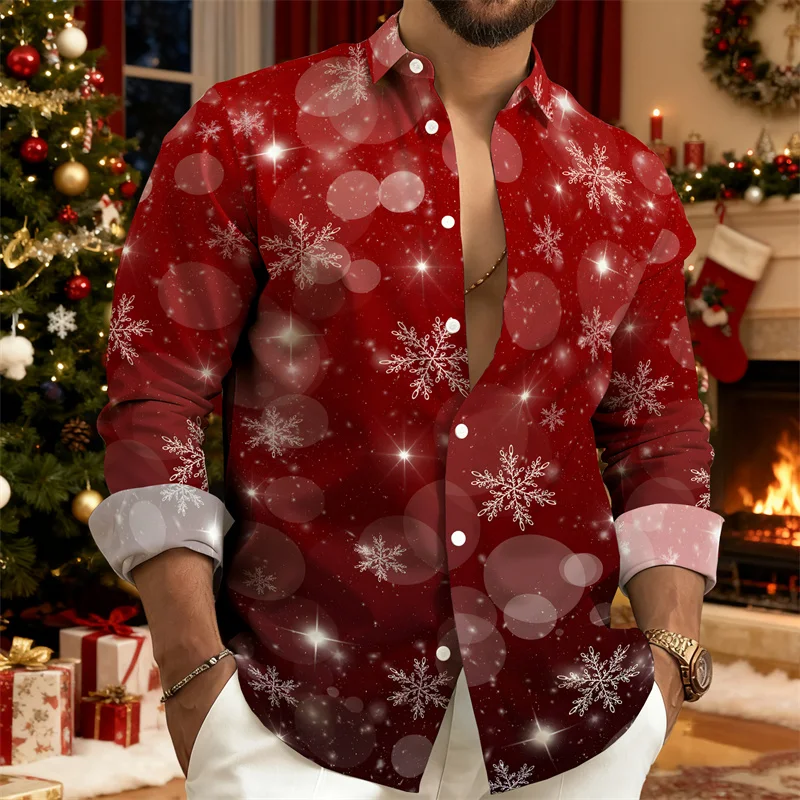 2025 Christmas-themed Men's Starlight and Snowflake Print Long-Sleeve Shirt, Festive Loose-Fitting Casual Top, Party Shirt