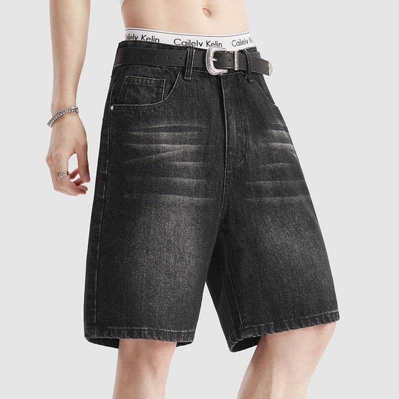 

Летние тонкие черные джинсовые шорты для мужчин, модные корейские свободные ретро-шорты с эффектом потертости, однотонные хлопковые повседневные брюки, мужская одежда