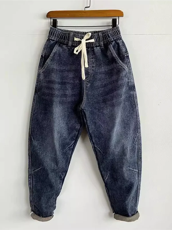 

Модные мужские джинсы с эластичной резинкой на талии, свободного кроя, брюки-харлан, повседневные, из хлопкового денима, неэластичные, для зимнего сезона, универсальные