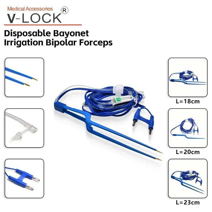 V-LOCK Disposable Bipolar irrigation bayonet Forceps 185mm 200mm 235mm Double 4.0mm banana Connector with 3m cable