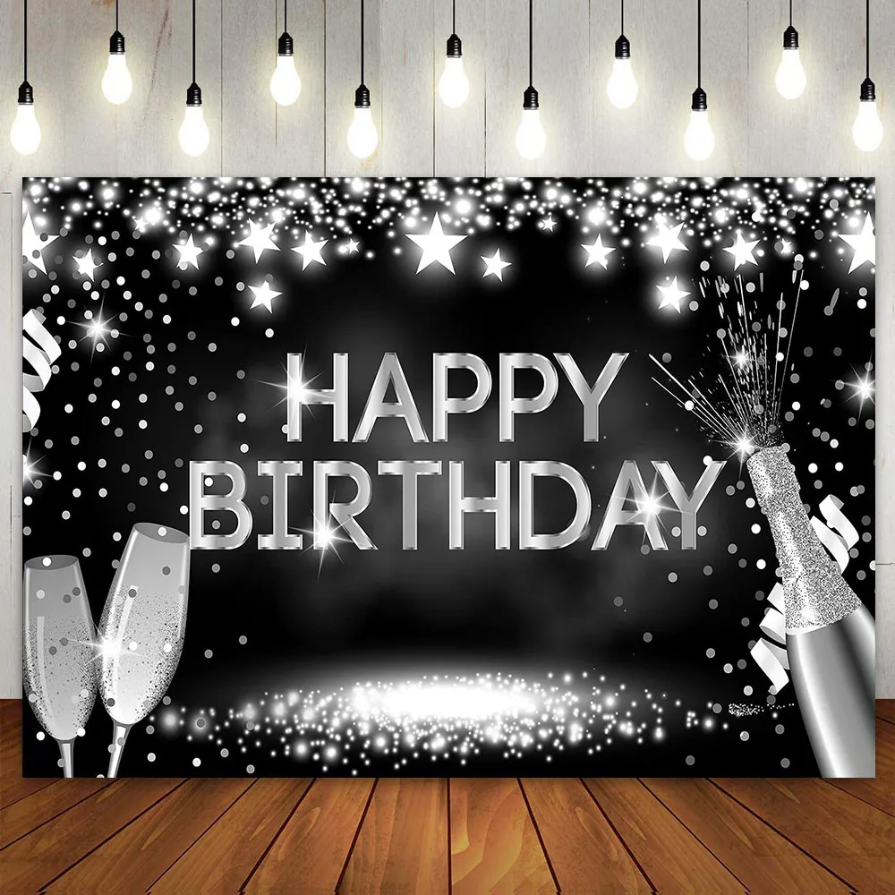 Happy Birthday Party Decoration Banner Backdrop Silver Black Champagne 40 50 60 Year Old Photography Background for Women Men