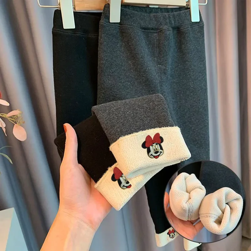 Baby Girl Winter Warm Pants 2024 New Autumn Kids Minnie Mouse Thickened Velvet Leggings Children Fashion Trousers Casual Bottoms