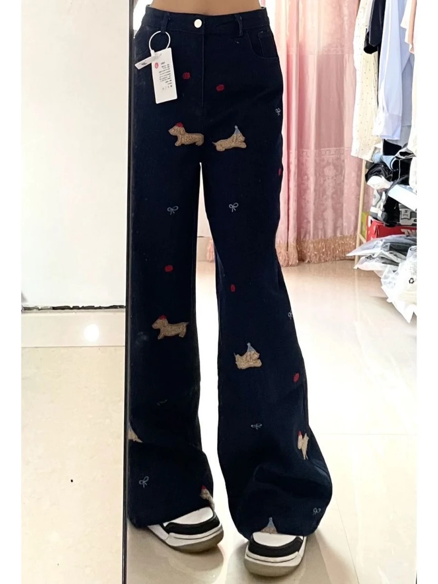 

High Waist Wide Leg American Style Jeans Women's Autumn Winter Embroidery Loose Elastic Casual Straight Long Pants Trendy