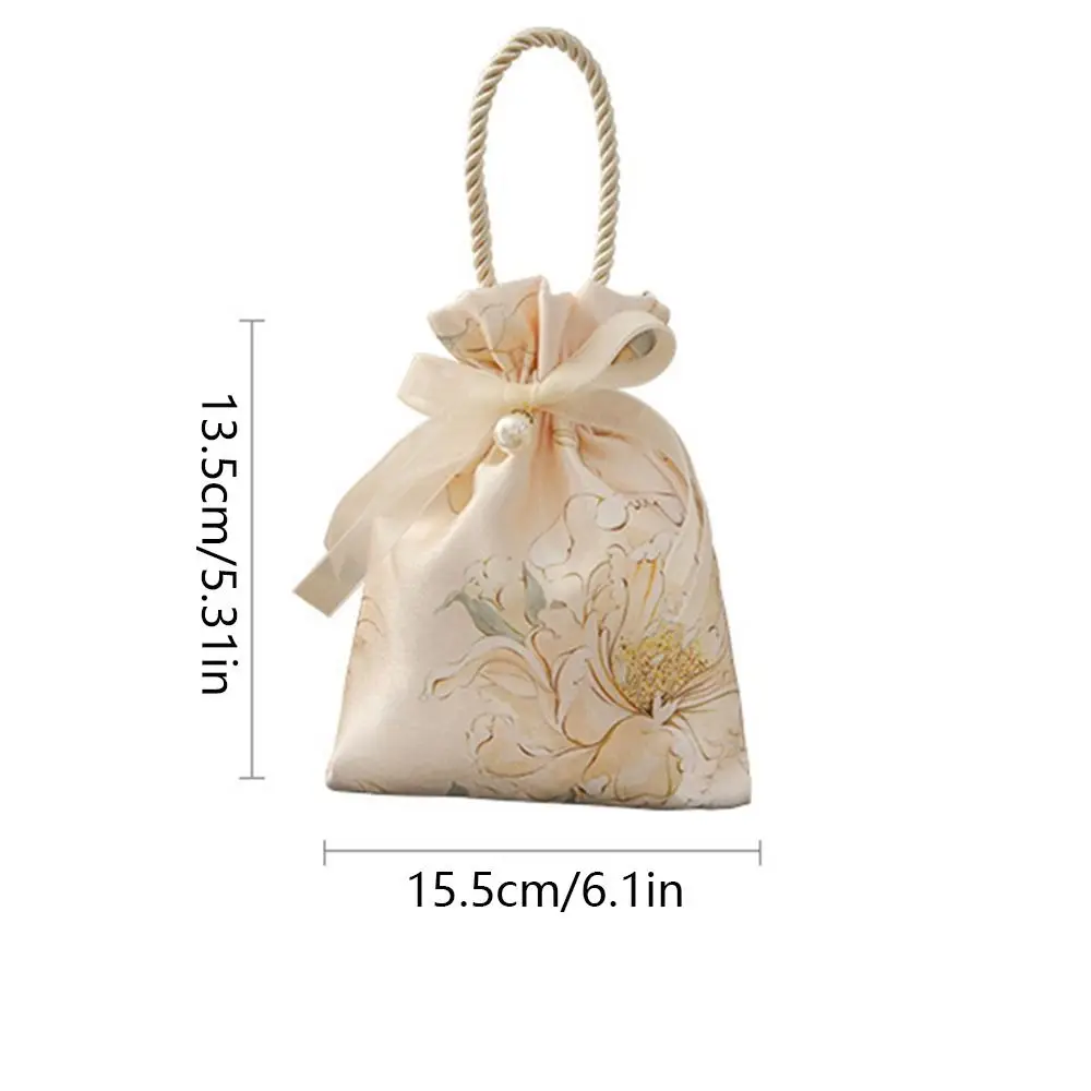 Flower Canvas Drawstring Bag Korean Style Pearl Pendant Canvas Knot Wrist Bag Jewelry Packing Bag Bucket Bag Wedding Candy Bag