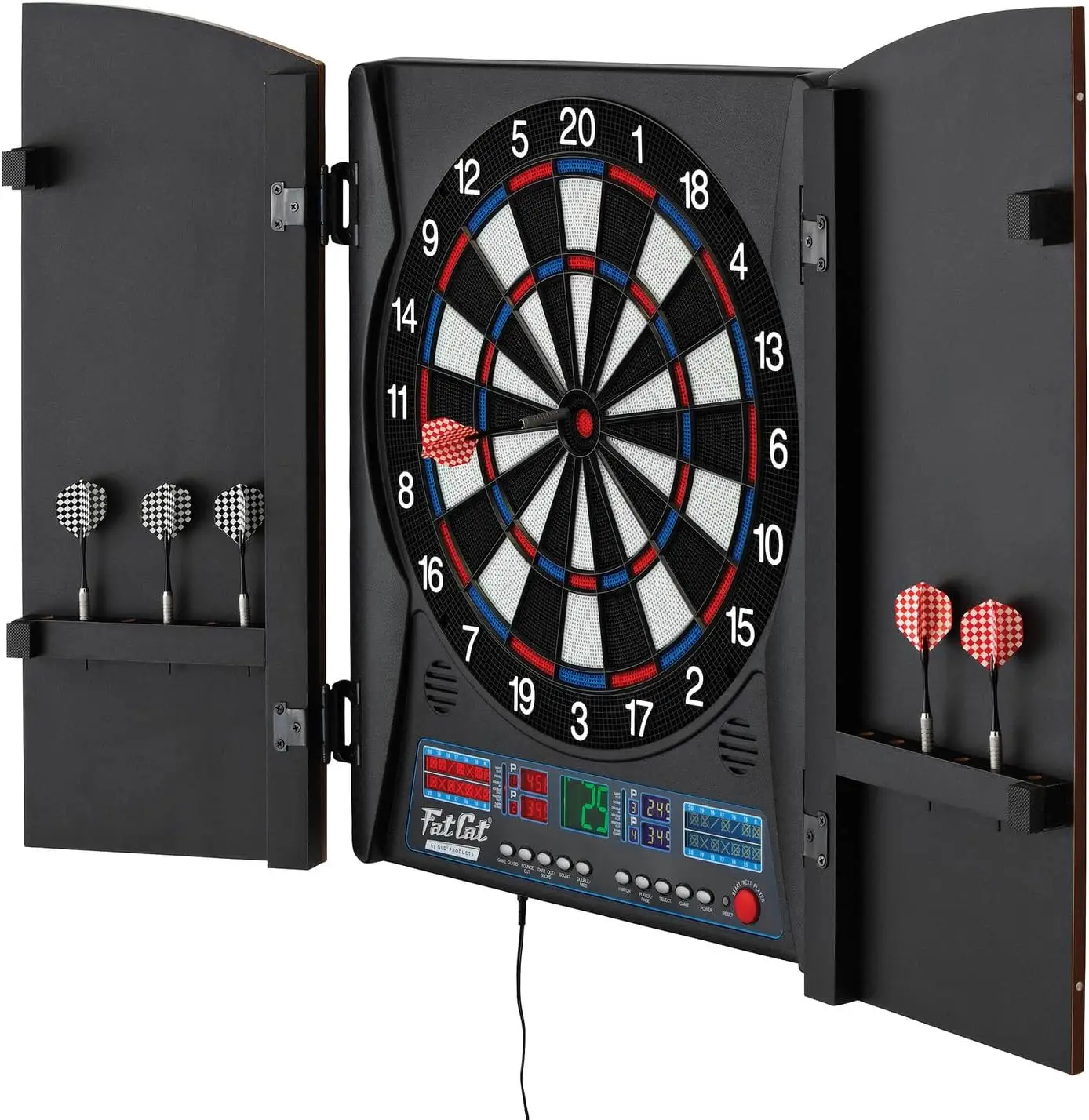 Fat Cat  Electronic Dartboard Compact Size Over 35 Games with 167 Options Built-In Cabinet and Dart Storage for up to 1