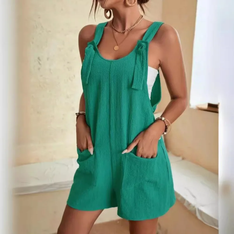 Pagliaccetti corti estivi casual da donna, larghi, solidi, senza maniche, con lacci, pantaloni a gamba larga, tute con cinturino e nodo con tasche