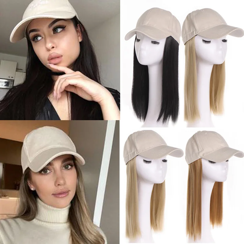 Gorra de béisbol sintética con extensiones de cabello para mujer, sombrero largo y recto, pelucas ajustables, dorado, negro Natural