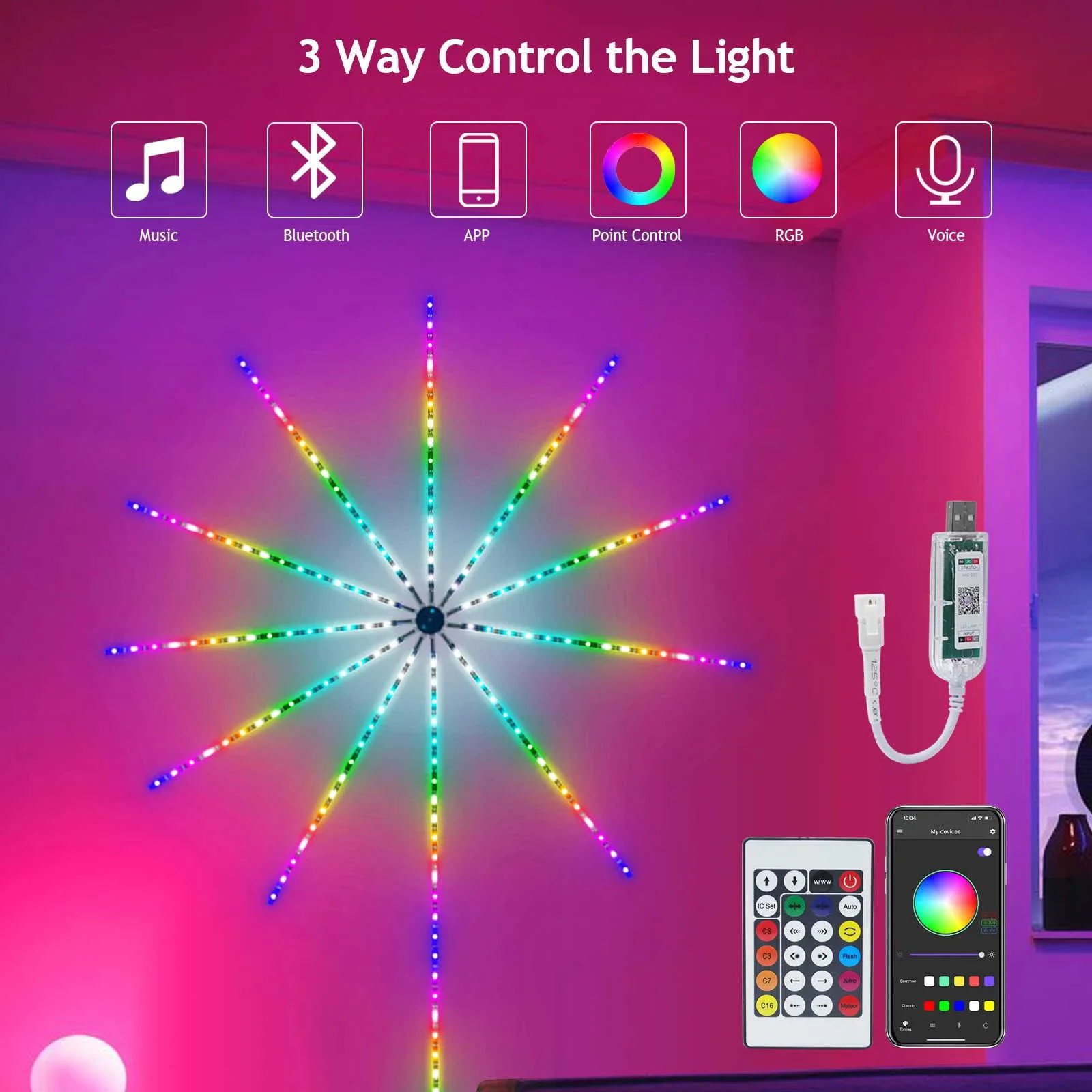 Smart LED Firework Light Colorful Strip Digital Bluetooth APP Voice Control for Indoor Outdoor Festival Celebration