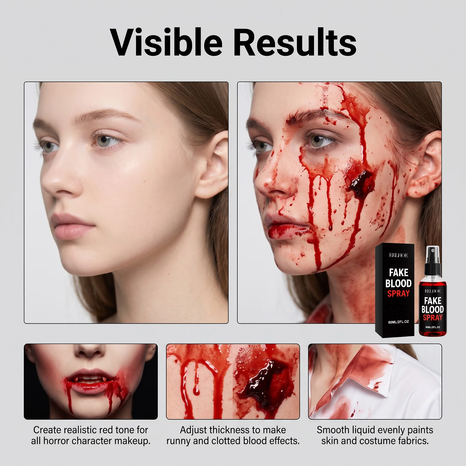 Fake Blood Spray Kit 60ml Washable Halloween Special Effects Makeup Realistic Blood for Vampire Zombie Cosplay Horror Party Cost