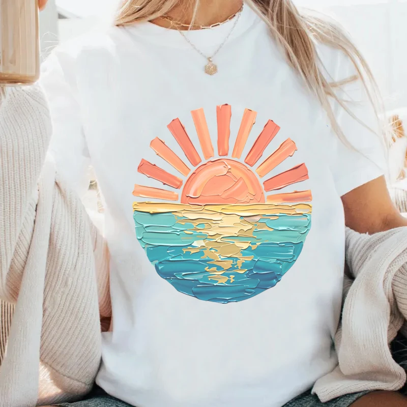 Sunset Beach T-Shirt Coastal Ocean Graphic Tee Men Women Summer Vacation T Shirt Cute Travel Tee Unisex Round Neck Printed