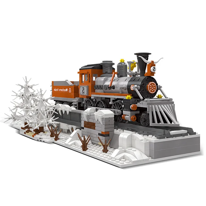 

Classic Western Winter Steam Train Building Block Railway City Vehicle Construction Bricks Locomotive Toys Collection For Gifts