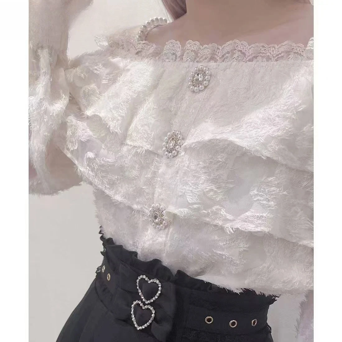 Rojita Camicia da donna a maniche lunghe con spalle scoperte e cinturino in perle Autunno stile giapponese Lolita Dolce e carino camicetta versatile per ragazze