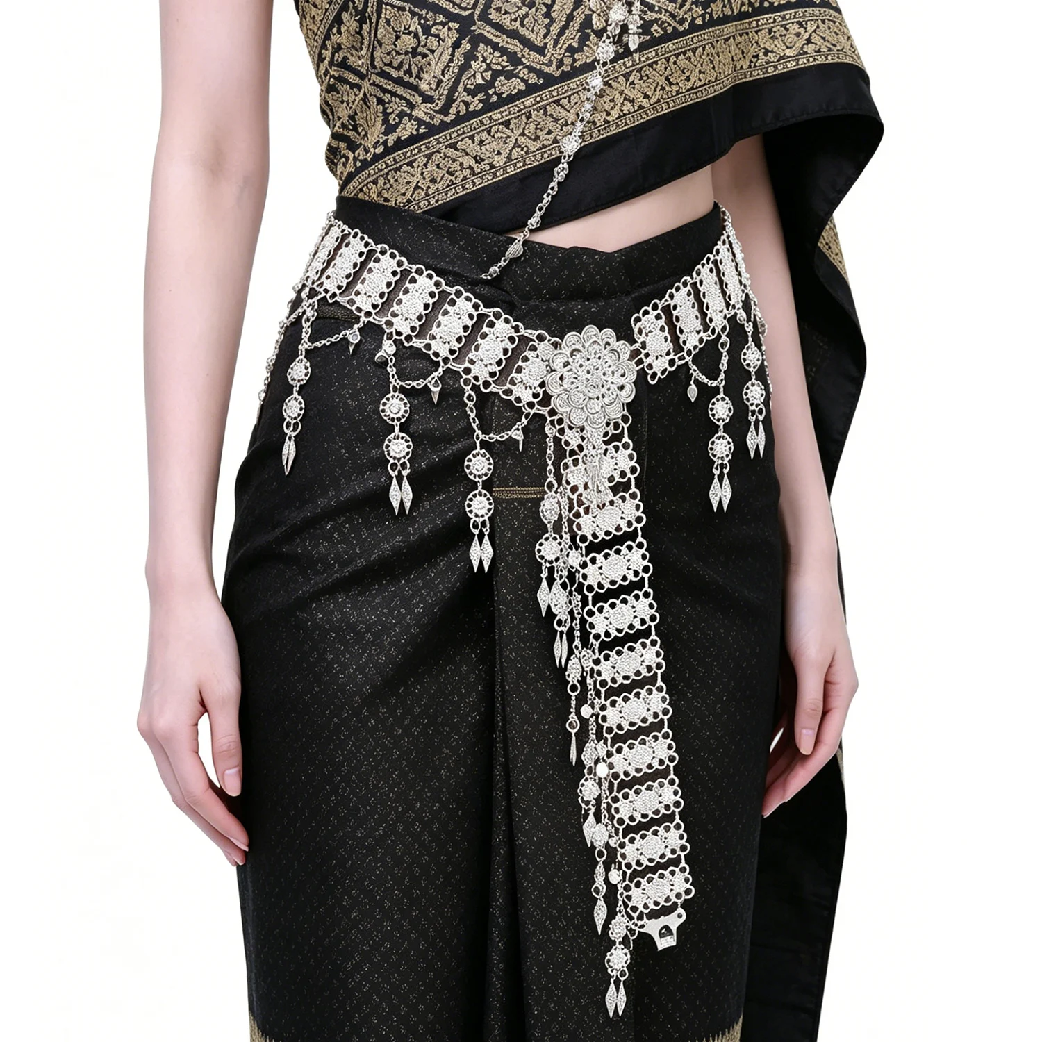 Bohemian Silver Hollow Flower Geometry Tassel Waist Chain Belly Dance India Thai Turkey Kurdish Female Ethnic Jewelry Accessory