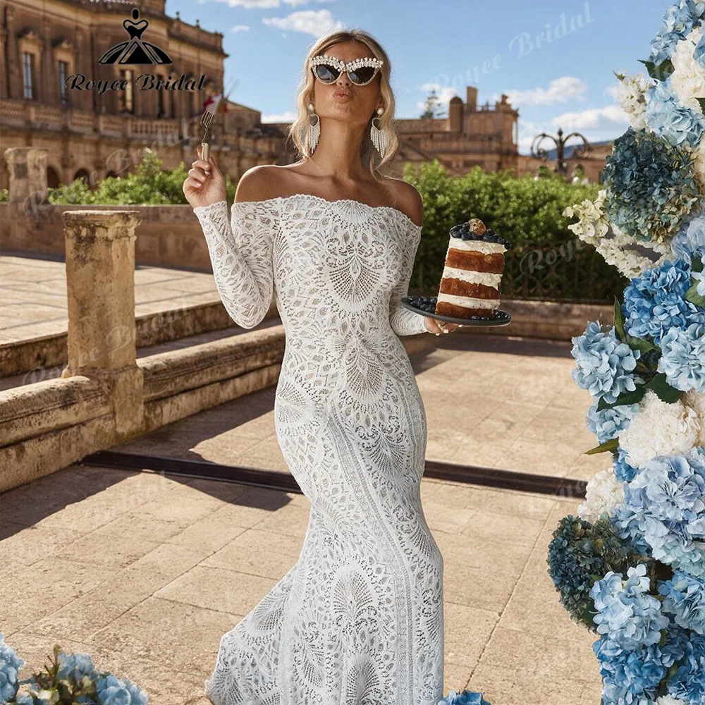 Boho Mermaid Wedding Dress Off The Shoulder Long Sleeve Guipure Lace Bridal Gown Open Back Scalloped Edge Court Train Customized