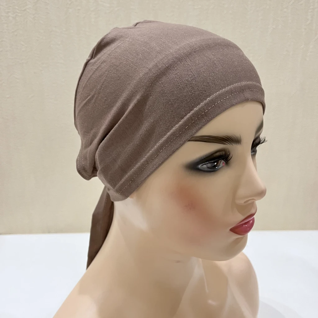 H048 Plain Cotton Tie Back Hats Muslim Turban Pure Color Stretch Inner Hijabs Underscarf Women Head Scarf Under Hijab Bonnet