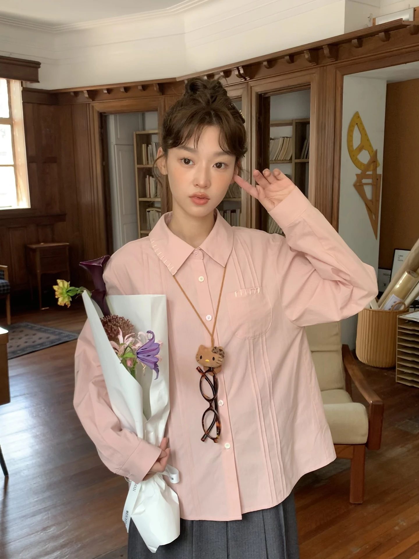 

Свободная розовая рубашка с длинным рукавом для девочек в студенческом стиле, с эффектом тай-дай, повседневная, дышащая, из смесового хлопка и полиэстера