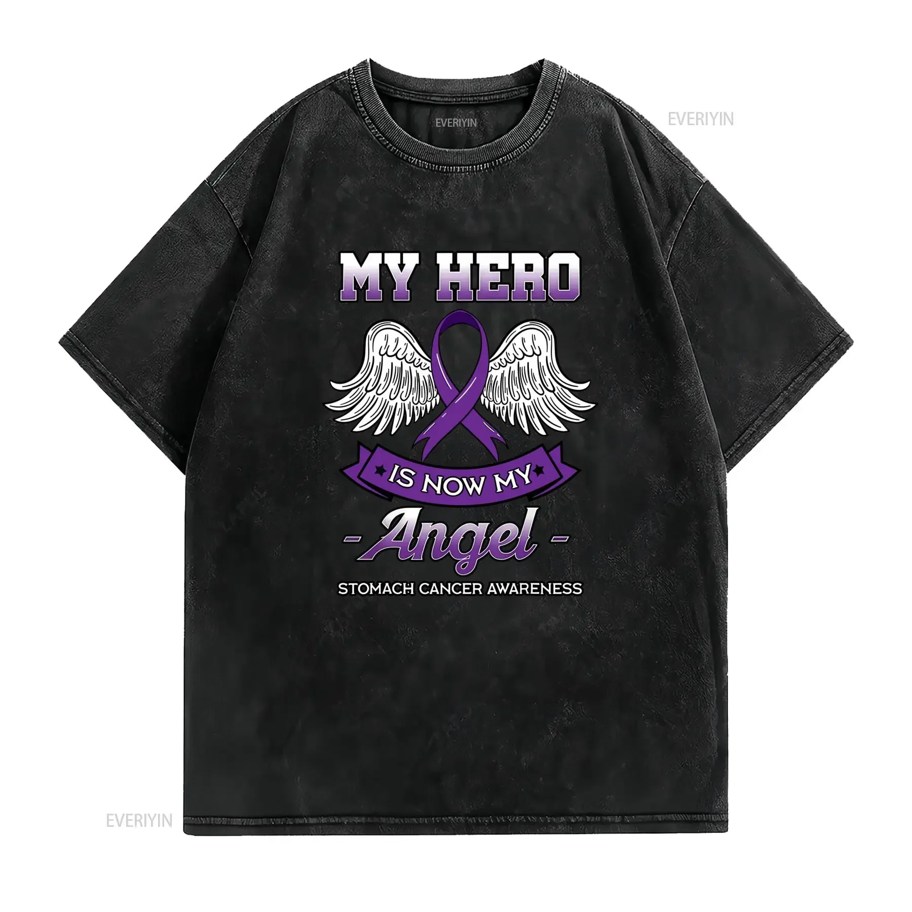 Stomach Cancer Awareness Purple Ribbon Angel Wings My Hero Is Now Print Casual T Shirt vintage Washed Stylish graphic Soft
