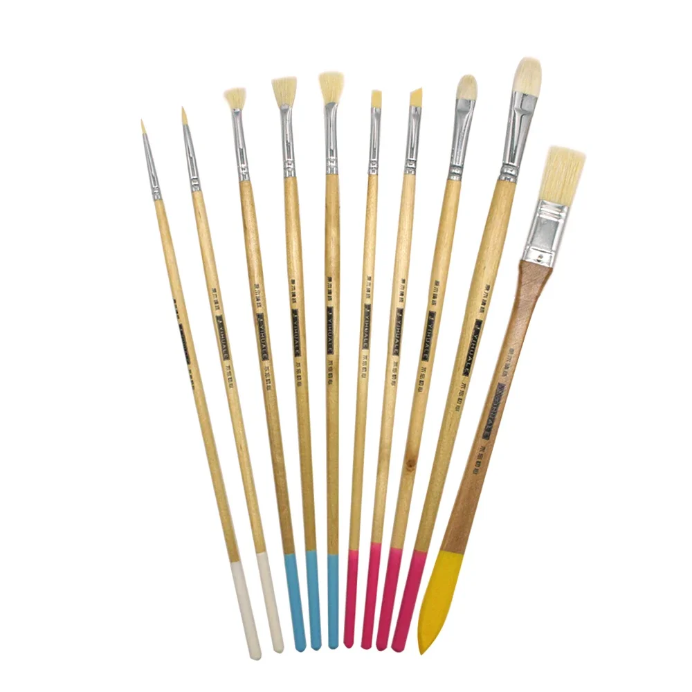 10pcs Set Hair Hog Brushes Acrylic Paint Brush Oil Painting Brush Wood Handle Artist dedicated Multifunction Wooden long pole