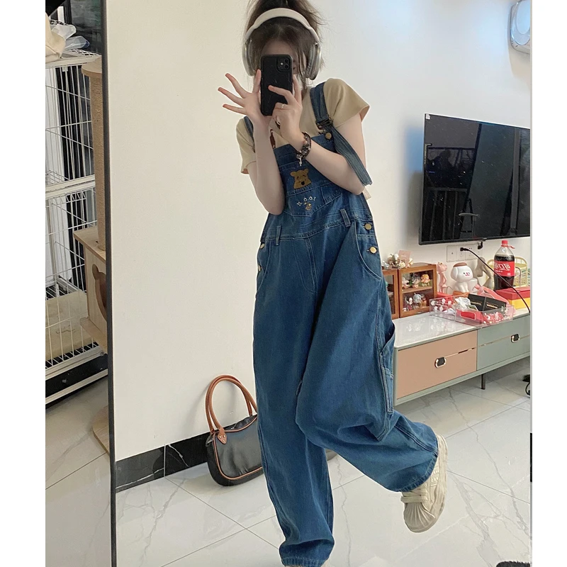 Oversize Jumpsuit Women Cute Winnie The Pooh Embroidery Vintage Loose High Waist Streetwear Jeans Jumpsuit