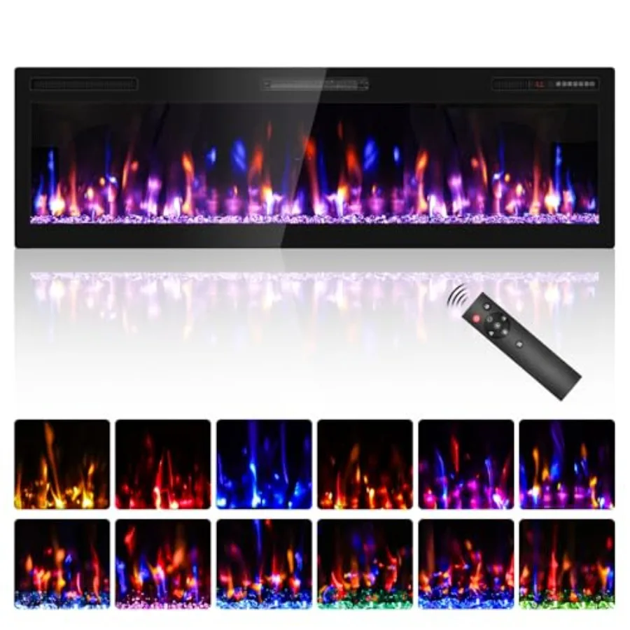 

60 Inch Electric Fireplace Recessed Wall Mounted Ultra Slim Linear Heater with Crystal Flame Effect 750/1500W HD Realistic Flam