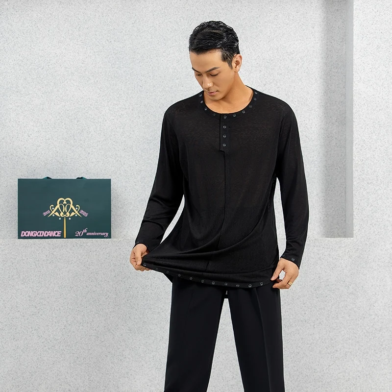 2026 New Latin Dance Practice Clothes For Men Long Sleeved Micro Horn Top With Rivets Chacha Rumba Tango Latin Outfits DQS20589