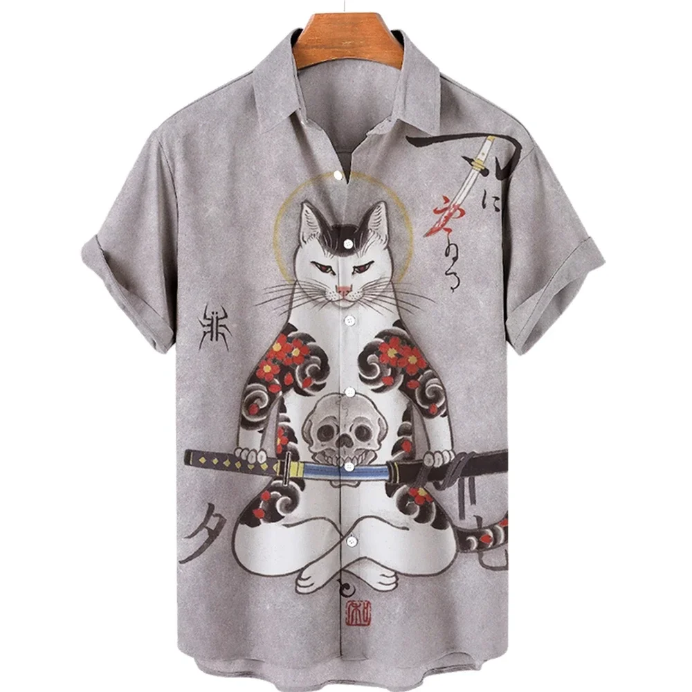 New Style Men\'s Hawaiian Shirts 3D Prints Vintage Cool Samurai Cat Graprhics Shirts Harajuku Men\'s Short Sleeve Tee Tops Summer