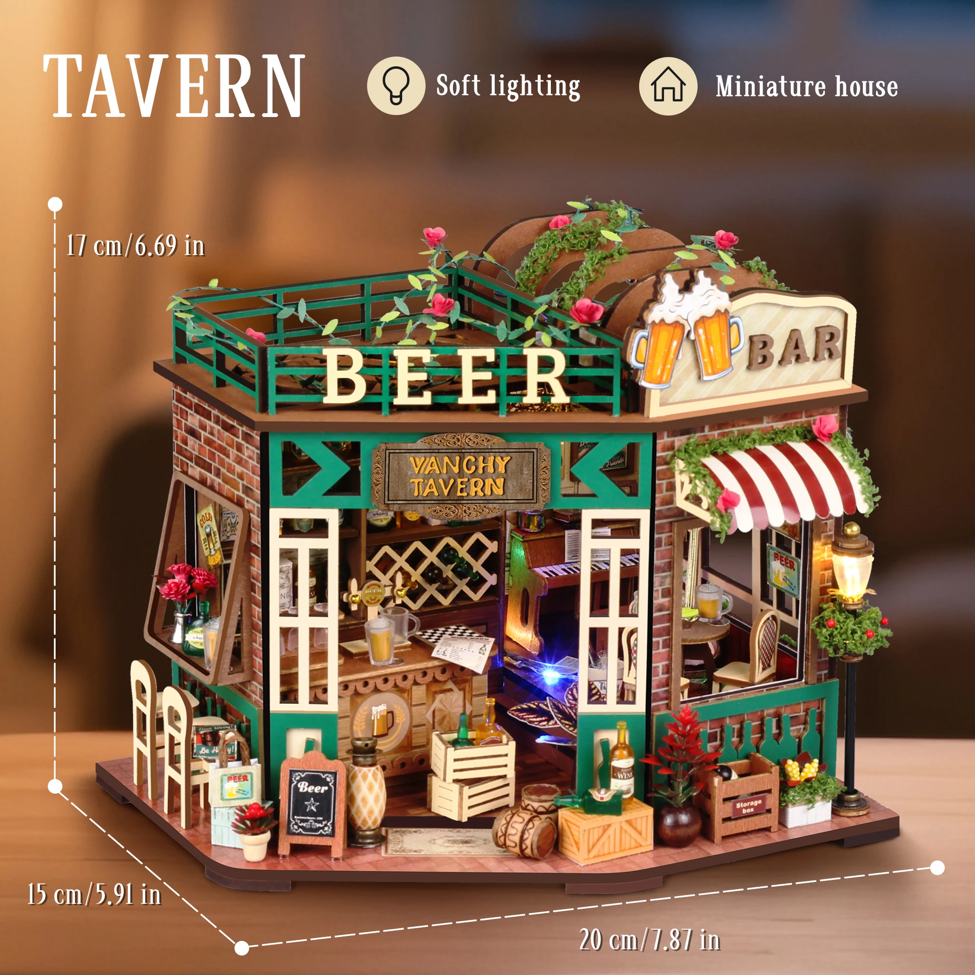 

Bar Dollhouse DIY Wooden Vanchy Tavern Casa Doll Houses Miniature Model Kits for Friends Birthday Gifts with Furniture 3D Puzzle