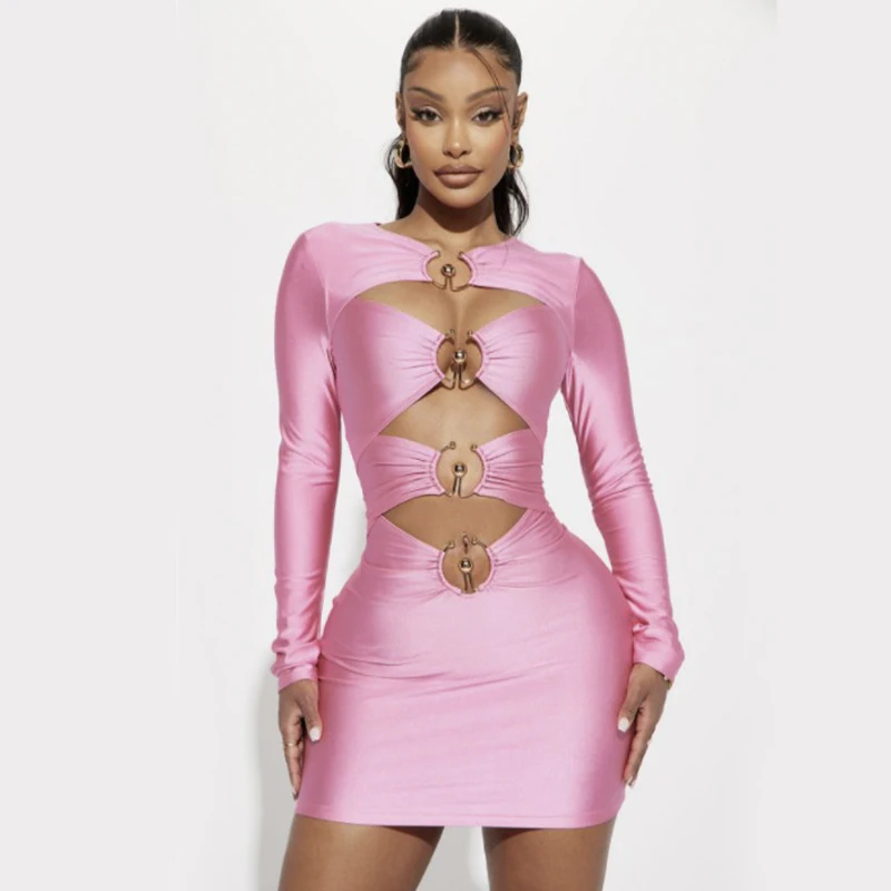 Pink Color Women Long Sleeve Sexy Keyholes Bodycon Mini Dress Rayon Bandage Fashion Nightclub Party Celebrate Dress