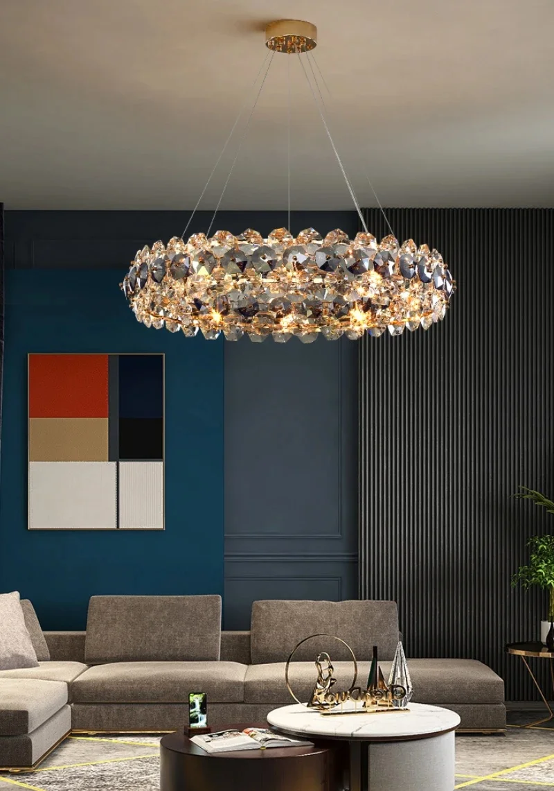 Modern Crystal Chandelier For Living Room Round Hanging Lamp For Bedroom Rectangle Smoke Gray Cryistal Light For Kitchen Island