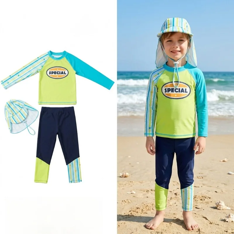 Children UPF50+ Split Swimwear Set Stripe Splicing Long‑sleeve Bathing Suit for Beach Surfing Boys Rash Guard