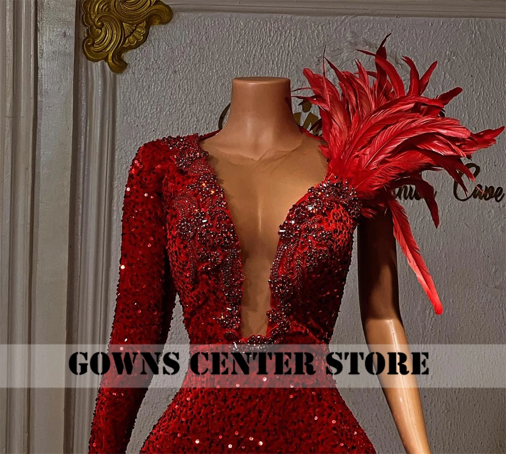 Elegant African Red Gloves One Shoulder Mermaid Aso Ebi Evening Dresses Customized Wedding Reception Dress Formal Party Gown