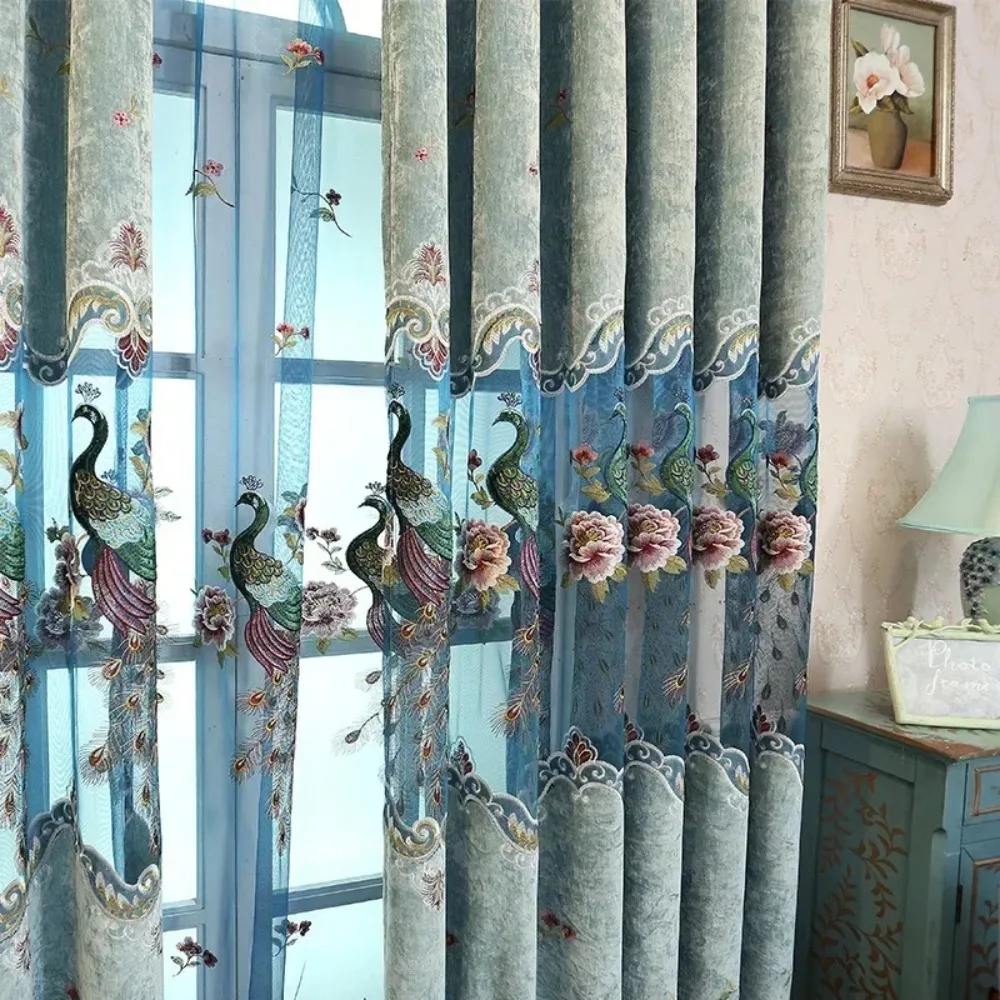 Korean Fashion Trend Curtains for Living Room Bedroom Dining Room Cashmere Embroidered Blue Peacock Hollow Out Shading Curtains