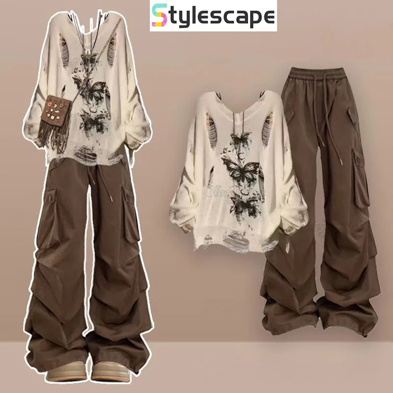 

Autumn Outfit Set of Women's 2025 New Design Butterfly Top Paired with Retro Slimming Work Pants Two-piece Setbaddie 2 Piece Set