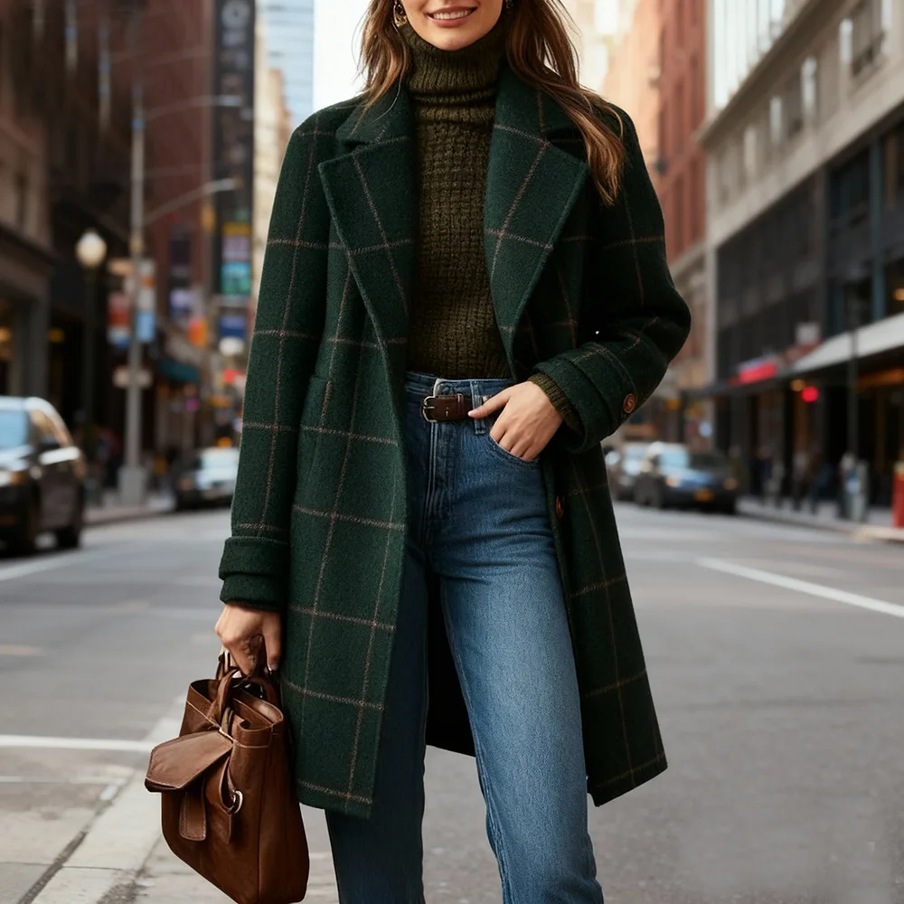 Women Plaid Woolen Coat Vintage Green Windowpane Notch Lapel Single Button Midi Casual French Style Autumn Winter Outerwear