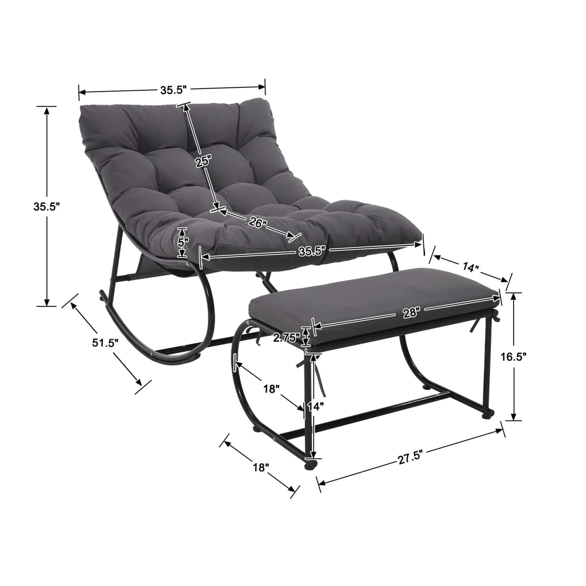Upholstered Outdoor Rocking Chairs, Modern Patio Rocking Chair Set of 2 with Foot Rest, Sturdy Metal Papasan Rocking