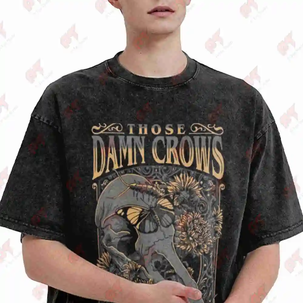Those Damn Crows Crow Skull Gothic Vintage Washed Tee Pure Cotton T-Shirt