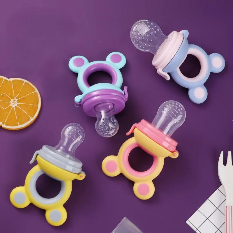 0-3 years  Baby fruit eating utensils Cute bear ears Food Grade Silicone Teether Baby Puree Pouch Teething Stick Soother Teether