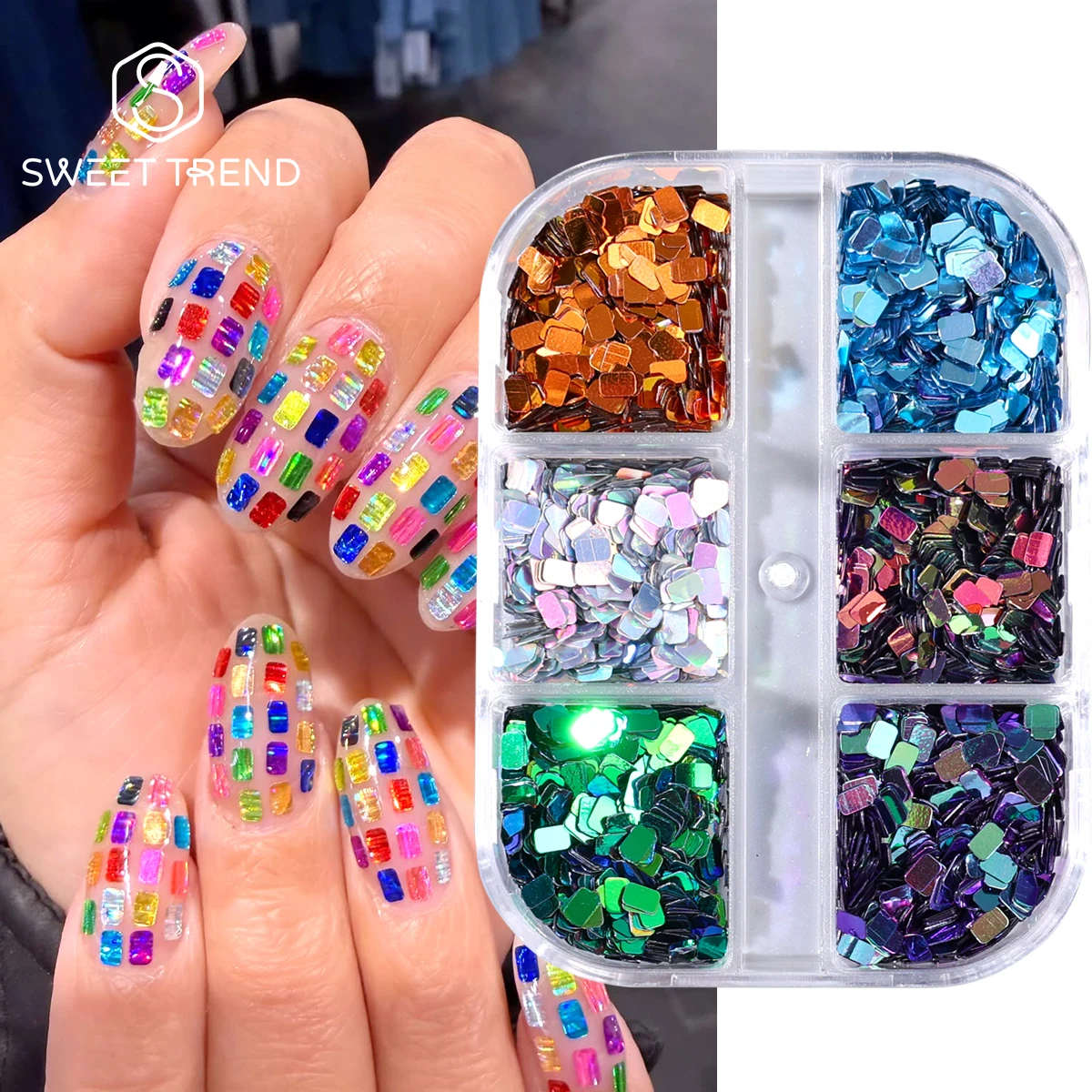6 Grids Y2K Laser Square Nail Sequins Holographic Mosaic Chessboard Plaid DIY Sparkly Slices Party Manicure Decor Glitter Flash