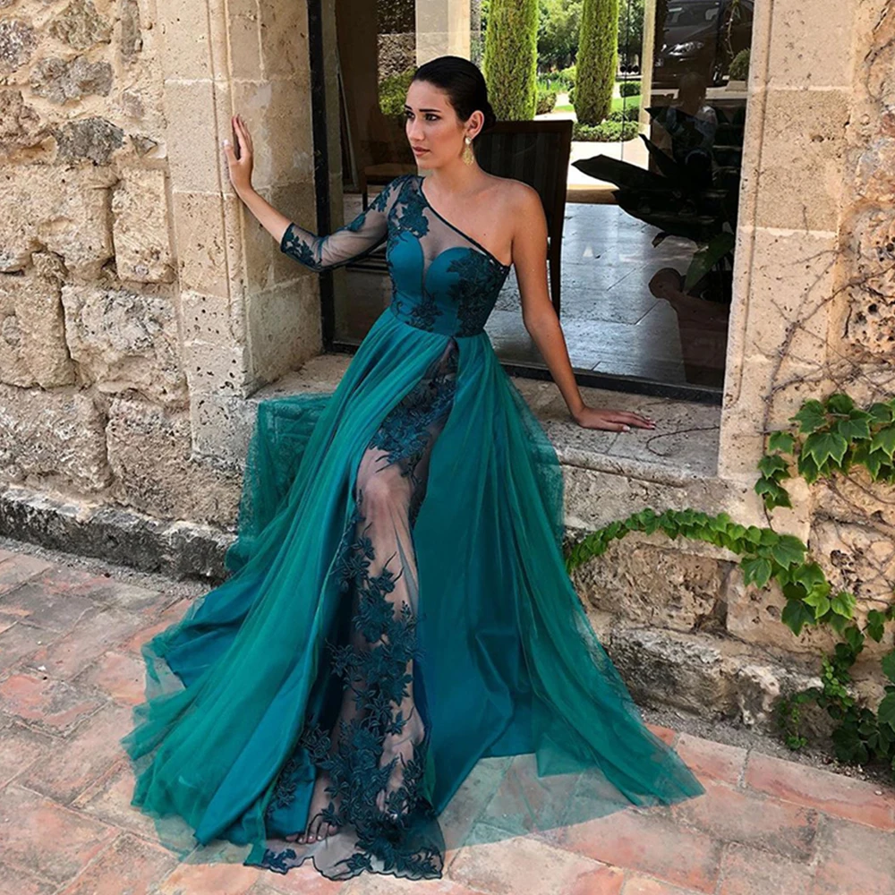 

Luxury Arabian Ladies Evening Dresses Elegant One Shoulder Sleeve Emerald Green Sexy Sheer Lace Appliques Formal Prom Party Robe