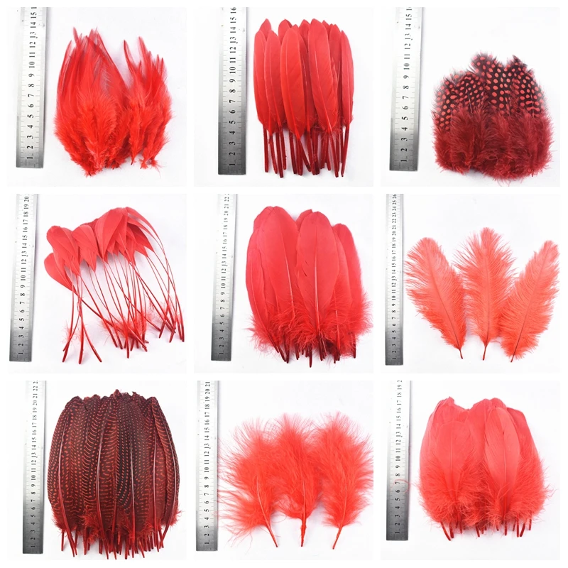 

20pcs Red Goose Feathers for Jewelry Making Pheasant Feather Crafts Turkey Marabou Rooster Peacock Ostrich Accessories DIY Decor