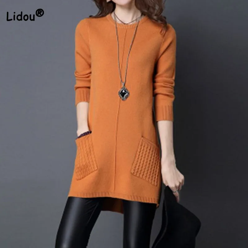Fashion Female Solid Color Simplicity Knitted Pullovers Commute All-match Long Sleeve Sweaters Autumn Winter Women\'s Clothing